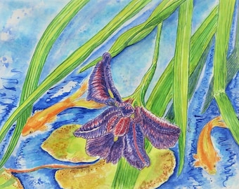 Water Iris and Goldfish :  Archival Prints of Original Watercolor  - 8 x 10, 11 X 14, 16 X 20 & 20 X 30 Inches ~ Water Garden series.