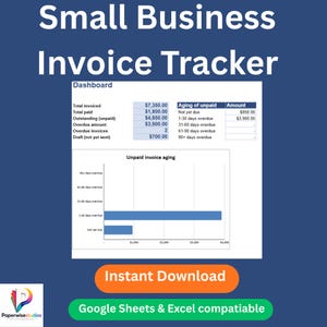 Può includere: Un modello di dashboard digitale Small Business Invoice Tracker con una tabella riassuntiva degli importi fatturati, pagati e in sospeso, insieme a un grafico a barre sull'anzianità delle fatture non pagate. Compatibile con Google Sheets ed Excel.