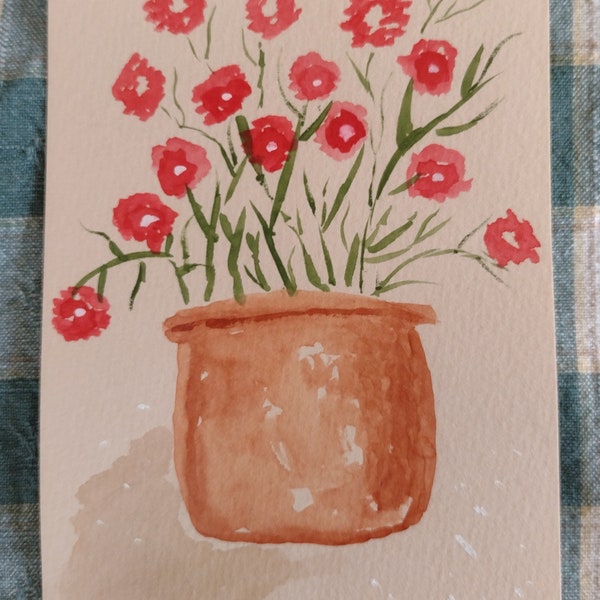 4 x 6 ooak watercolor RED FLOWERS in TERRACOTTA Pot.  50% to Canine Companions / Service Dog Organization