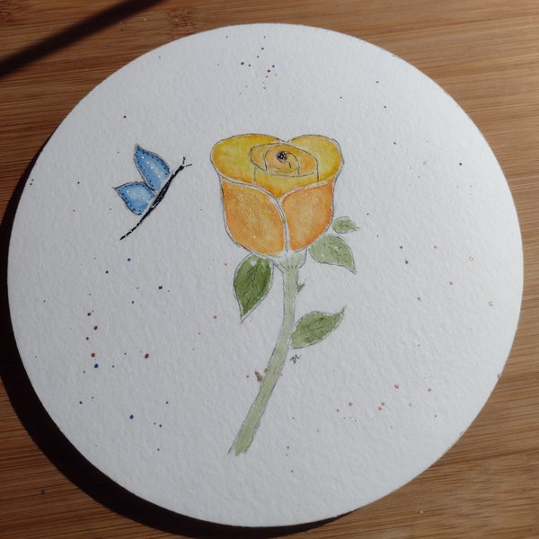 Watercolor Orange Yellow ROSE and Blue BUTTERFLY. Painting. 50% To Canine Companions