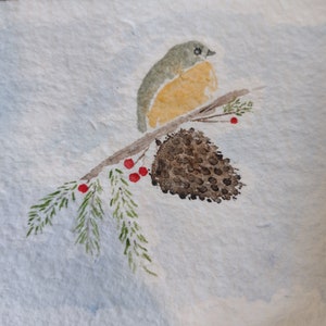 Watercolor BIRD on Branch with PINECONE  Handmade Paper 50% for Canine Companions /Service Dogs Charity