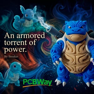 May include: A blue and tan creature figurine with two cannons on its back, accompanied by two smaller blue creatures, set against a dark background with colorful smoke effects. Text reads: An armored torrent of power. By Bmaker. PCBWay.