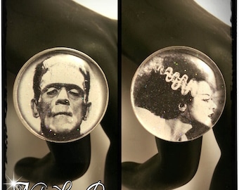 May include: Two black and white images of classic horror movie characters. The first image is of Frankenstein's monster. The second image is of the Bride of Frankenstein.