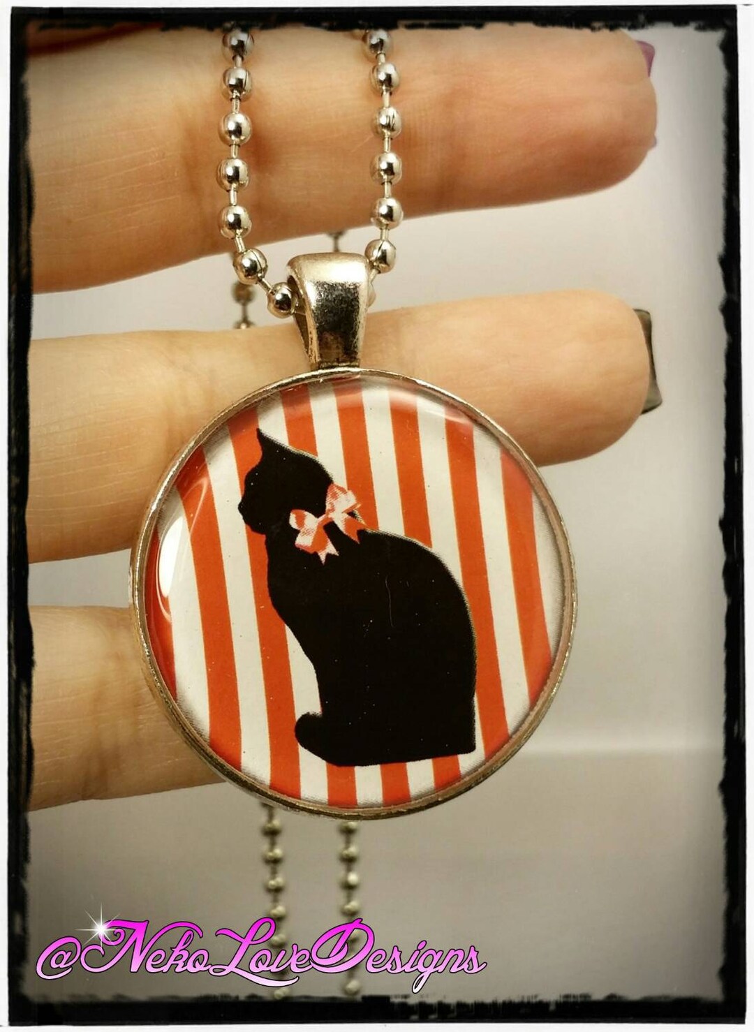 Red Stripe Black Cat Silhouette Necklace - Etsy