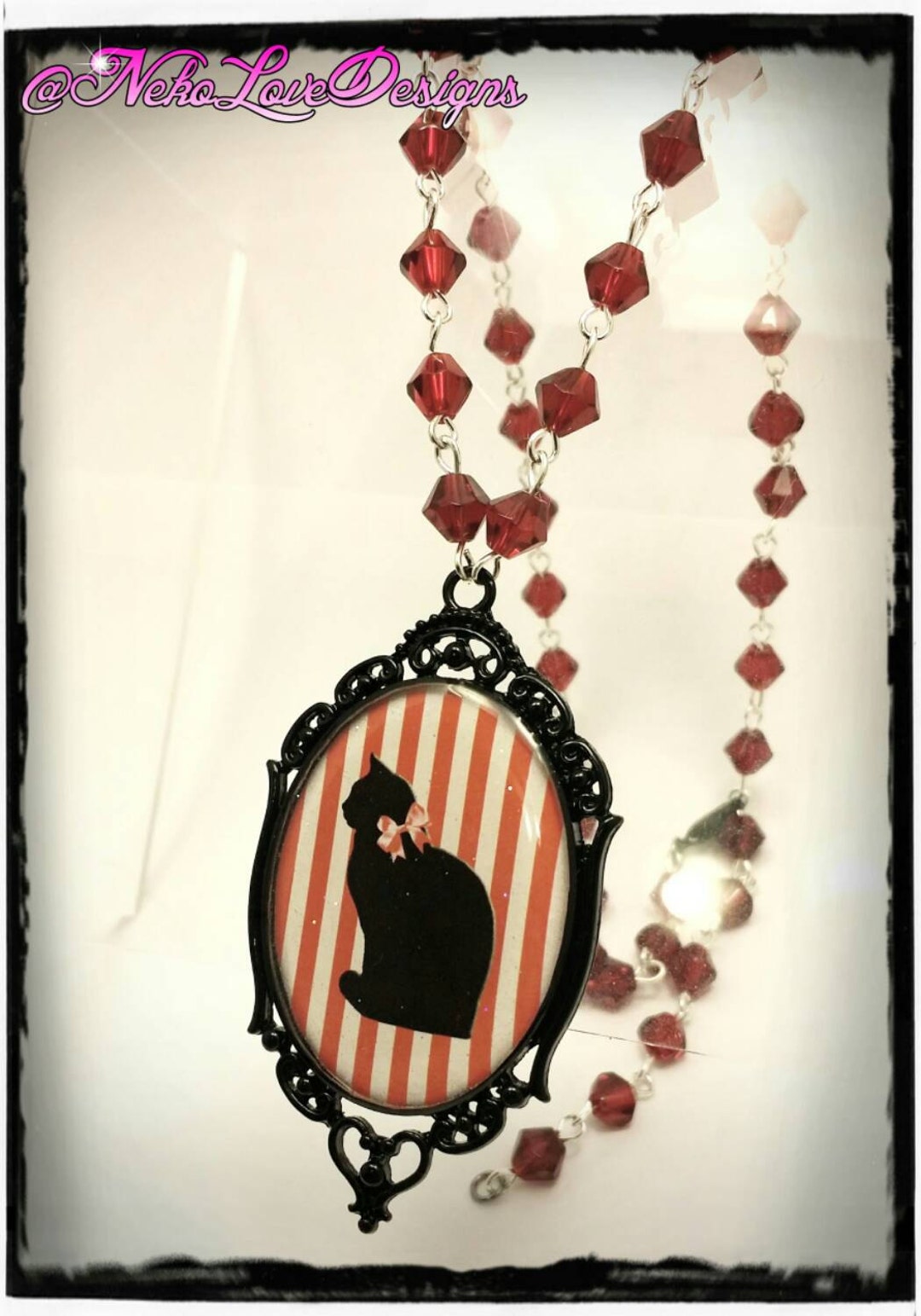 Black Cat With Red Bow Beaded Necklace - Etsy