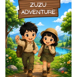 Peut inclure: Une illustration numérique de deux enfants portant des équipements de randonnée, incluant des sacs à dos, des chemises et des bottes, marchant sur un chemin de terre. Un panneau en bois affiche le texte ZUZU ADVENTURE. Lac, arbres et montagnes.