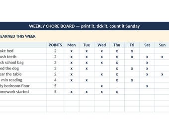 ADHD Chore Chart Kids Routine Chart Printable Reward Points Tracker Morning Bedtime Visual Schedule Editable Excel Google Sheets