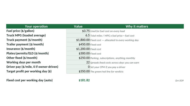Dispatch Spreadsheet Excel Template | Trucking Load Profit Calculator | Owner Operator Cost Per Mile | Google Sheets Download image 7