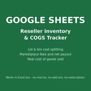 Reseller Spreadsheet Google Sheets Inventory Tracker COGS Profit Calculator Lot Cost Split Marketplace Fee Net Payout Bookkeeping