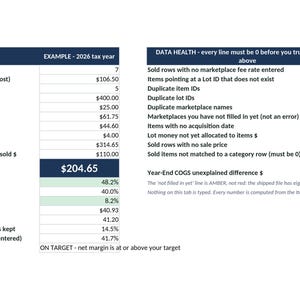Reseller Spreadsheet Excel Inventory Tracker COGS Profit Calculator Lot Cost Split Marketplace Fee Net Payout Dead Stock Aging Bookkeeping