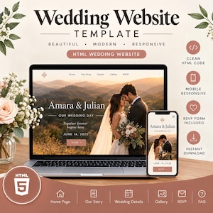 Peut inclure: Un modèle de site web de mariage affiché sur un écran d'ordinateur portable et de smartphone. Le design présente un couple, le texte Amara & Julian, et la date du 14 juin 2025. Des icônes pour HTML5, code propre, réactivité mobile et RSVP sont inclus.