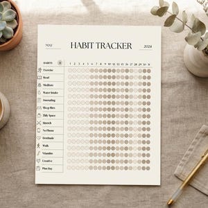 以下が含まれることがあります： 2024年5月の習慣トラッカー用紙。運動、読書、瞑想、水分補給、日記、睡眠、片付け、ストレッチ、スマホ断ち、感謝、ウォーキング、ビタミン摂取、創作活動などの日課リストと、チェック用の円形ボックスが印刷されています。