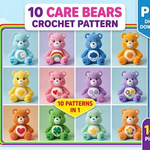 Puede incluir: Un patrón de ganchillo en PDF digital con 10 diseños de Care Bears. La imagen muestra 10 osos de ganchillo distintos en varios colores, cada uno con un símbolo único en la barriga. El texto incluye 10 CARE BEARS CROCHET PATTERN, 10 PATTERNS IN 1 y 14 inch Plush Size.
