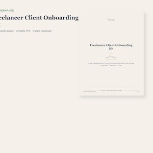 May include: A digital document titled Freelancer Client Onboarding Kit by Northernpage, featuring 14 pages. The cover page displays the title, a mountain line graphic, and the text: A calm, repeatable system for the work between uncertainty and a clear next step.