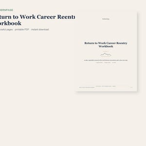 Op de afbeelding: Een digitaal werkboek getiteld Return to Work Career Reentry Workbook van NorthernPage. Het document heeft een minimalistisch ontwerp met donkere tekst op een lichte achtergrond, inclusief een berggrafiek en de ondertitel A calm, repeatable system for the work between uncertainty and a clear next step.