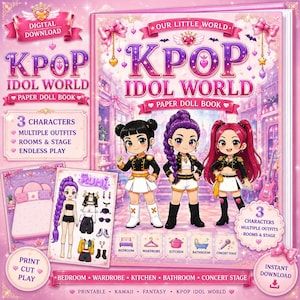 Peut inclure: Un livre de poupées en papier numérique KPOP IDOL WORLD avec trois personnages illustrés en tenues de scène noires et blanches. La couverture rose affiche le titre, des icônes de pièces et le texte 3 CHARACTERS, MULTIPLE OUTFITS, ROOMS & STAGE, ENDLESS PLAY.