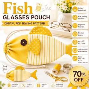 May include: A yellow and white fish-shaped glasses pouch sewing pattern with a dark brown button eye, polka dot fin, and striped body. The digital PDF includes instructions for a 9 inch by 6 inch pouch, featuring a drawstring closure and a back view.