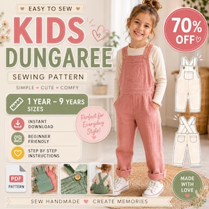 以下が含まれることがあります： EASY TO SEW KIDS DUNGAREE SEWING PATTERNと書かれた子供用オーバーオールのデジタル型紙。ピンクのオーバーオールを着た子供の姿、前後からの図解、PDFダウンロード用のアイコンが表示されています。
