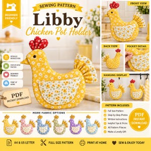 Chicken Oven Mitt Sewing Pattern PDF | Chicken Pot Holder Pattern | Farmhouse Kitchen Potholder | Quilt Hot Pad | Instant Download