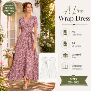 Pode incluir: Um molde de costura para um vestido envelope em linha A com tecido malva e estampa floral branca pequena. O molde inclui opções de impressão A0 e A4, camadas de tamanhos, instruções detalhadas e tamanhos de XS a 5XL.