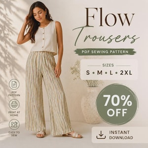 May include: A PDF sewing pattern for Flow Trousers featuring a beige sleeveless button-down top and wide-leg pants with a vertical striped pattern in muted tones. The graphic includes text stating sizes S, M, L, 2XL, 70% OFF, and Instant Download.