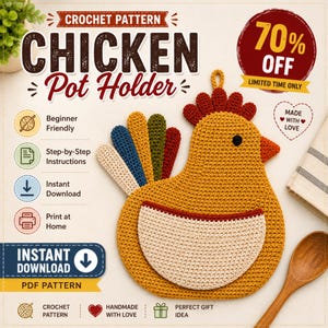 Puede incluir: Un patrón de ganchillo para un agarrador de ollas con forma de pollo. El diseño presenta un pollo color amarillo mostaza con un bolsillo color crema, una cresta roja y una cola multicolor. El texto incluye "CROCHET PATTERN CHICKEN Pot Holder".