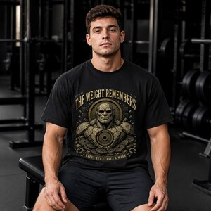 May include: A black short-sleeved t-shirt featuring a graphic print of a muscular stone-like figure surrounded by weight plates. The text reads THE WEIGHT REMEMBERS at the top and EVERY REP LEAVES A MARK at the bottom in a gold-toned font.