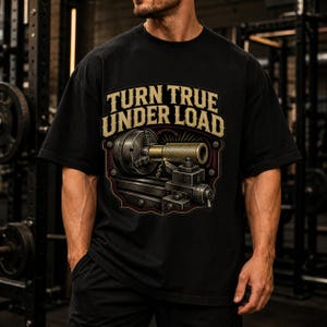 May include: A black short-sleeved t-shirt featuring a graphic print of a metal lathe machining a cylindrical part. The text "TURN TRUE UNDER LOAD" is printed in a bold, tan, arched font above the illustration of the industrial machinery.