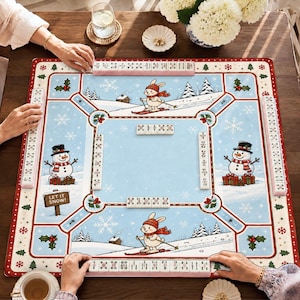 Tappetino da Mahjong natalizio, tappetino da gioco festivo invernale con coniglietto e pupazzo di neve, regalo natalizio unico per giocatori
