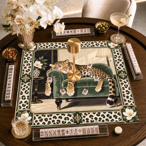 Elegant Leopard Mahjong Mat With Magnolia Floral Border, Green Velvet Armchair & Safari Animal Print, Unique Game Night Table Art