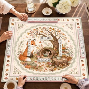 Mahjongmat met herfstthema (vos en muis), gezellige herfstdecoratie, tafelloper, vintage geïnspireerde speelmat met dierenmotief, cadeau voor een housewarming