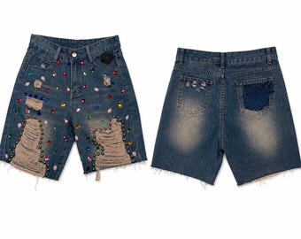 Rhinestone Distressed Denim Shorts