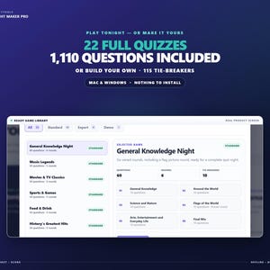 Pode incluir: Uma interface digital para o Quiz Night Maker Pro exibindo 22 questionários completos e 1.110 perguntas. A tela mostra uma biblioteca de jogos prontos com categorias como General Knowledge Night, Music Legends e Movies & TV Classics.