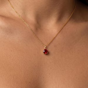 Red Ruby Necklace, Solitaire Red Pendant, July Birthstone Jewelry, Dainty Gold Chain, Romantic Gift for Her, Minimalist Red Gemstone