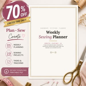 May include: A weekly sewing planner document with a white background and gold border. The text reads Weekly Sewing Planner, Handmade Stitched Planned, Undated Printable A4, and includes a description about tracking sewing projects, goals, and tasks.
