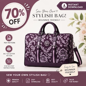 Puede incluir: Un bolso de mano morado con estampado floral, dos asas superiores y una correa de hombro desmontable. El bolso presenta detalles de rayas verticales, herrajes plateados y un emblema circular. El texto incluye Sew Your Own STYLISH BAG! y BEGINNER FRIENDLY.