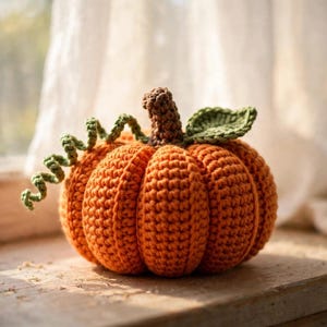 Può includere: Una zucca all'uncinetto arancione con un gambo marrone, una singola foglia verde e un lungo viticcio verde riccio. La zucca presenta una consistenza a coste creata da punti di filato, mostrando una forma arrotondata con segmenti verticali distinti.