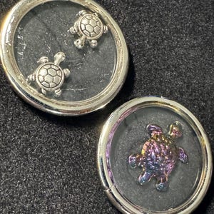 May include: Two circular silver-toned frames containing turtle figures. The top frame holds two small silver-toned turtle charms with detailed shell patterns. The bottom frame contains a single iridescent turtle charm with a metallic finish.