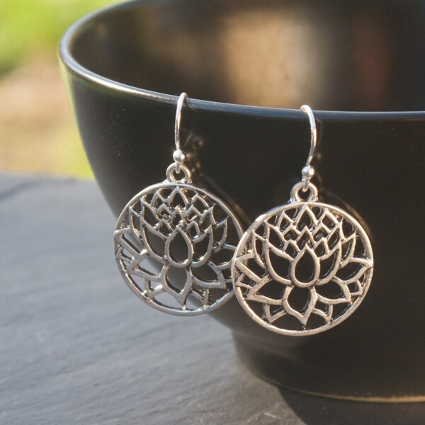 Lotus Earrings, Yoga Earrings, Yoga Jewelry, Lotus Jewelry, Buddhist Jewelry, Silver Lotus, Zen Earrings
