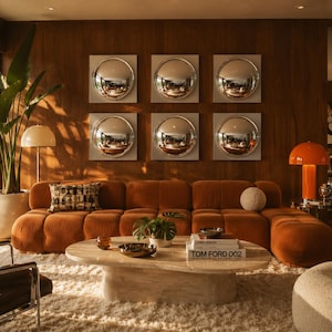 May include: A low-profile, burnt orange modular sofa sits in front of a wood-paneled wall adorned with six square, silver-framed convex mirrors. An oval travertine coffee table holds a book titled TOM FORD 002 and a small bowl.