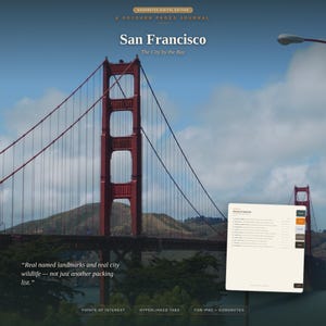 Könnte beinhalten: Ein digitales Journal-Cover mit der Golden Gate Bridge in San Francisco, Text mit Goodnotes Digital Edition, A Sojourn Pages Journal, San Francisco, The City by the Bay sowie eine Liste von Sehenswürdigkeiten mit verlinkten Reitern.