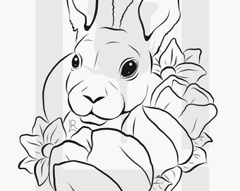 Rabbit Coloring Page, Rabbit Illustration, Rabbit Print, Coloring Page, Easter Coloring Page, Easter Print,