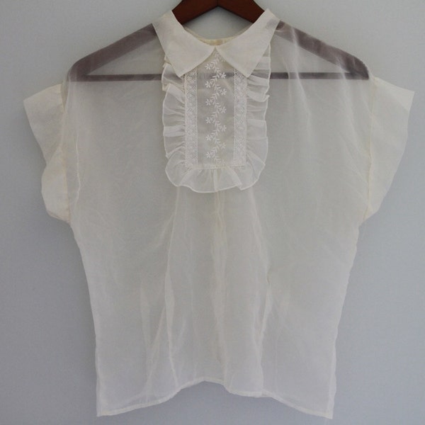 Vintage 1940s / 1950s Sheer Chiffon Embroidered Blouse