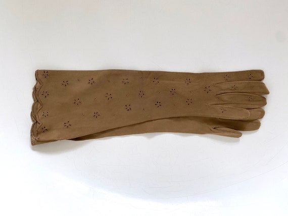 1950s Deadstock Long Brown Kid Eyelet Opera Glove… - image 1