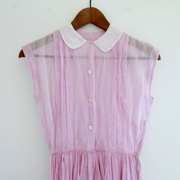 1940s Swiss Dot on Pink Dress / Vintage 40s Organza Day Dress / XXS / xs
