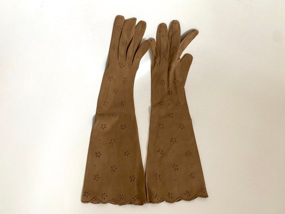 1950s Deadstock Long Brown Kid Eyelet Opera Glove… - image 2