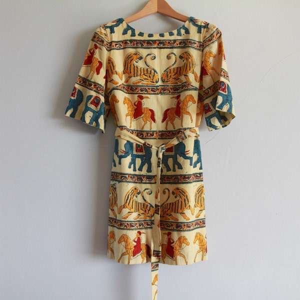 1960s Hand Screened Belted Batik Dress / Hand Loomed Indian Mini Dress