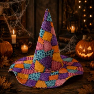 May include: A pointed witch hat featuring a colorful patchwork design with various patterns including polka dots, swirls, and stripes in shades of purple, orange, pink, and blue, with visible black stitching between each fabric patch.