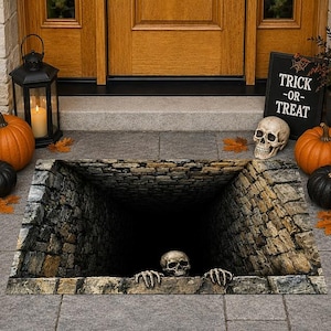 May include: A rectangular floor mat featuring a 3D optical illusion of a deep, dark stone well. A realistic human skull with skeletal hands is positioned at the edge of the well, appearing to climb out of the dark, cavernous opening.
