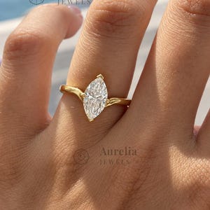 Vintage V Shape Moissanite Engagement Ring in 14k Yellow Gold - Unique Chevron Wedding Band | Solitaire Pinky Ring for Women